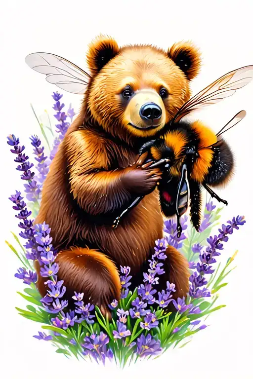 Bear Playing With A Bumble Bee In Lavender Flowers