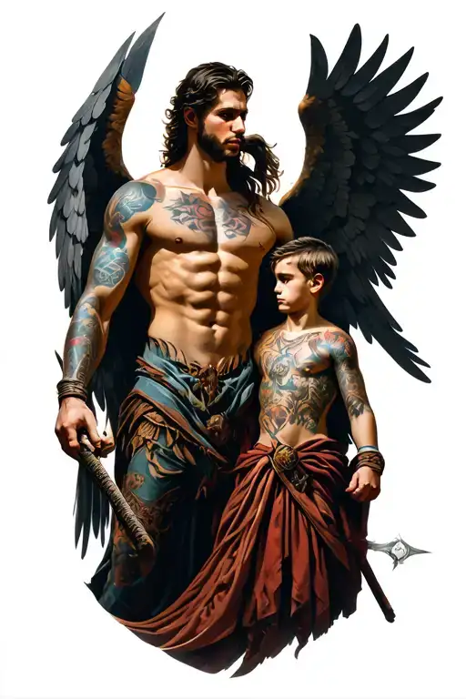 Realistic Tattoo For Brothers And Warrior Angel In It
