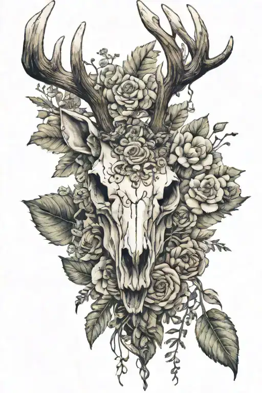 Stag Skull With Antlers That Turn Into Flora Thriving