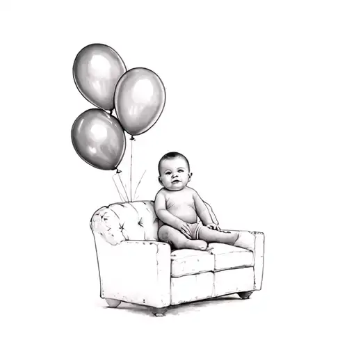 A Baby Sitting On A Couch With Balloons
