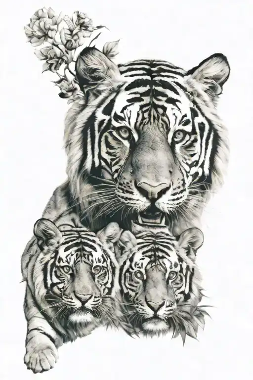 Tiger Head With Cub Surrounded