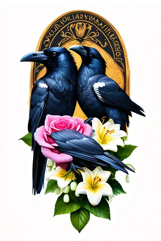 Two Ravens With Lily Of The Valley And Roses