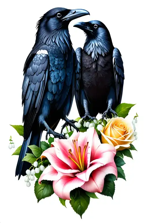 Two Ravens With Lily Of The Valley And Roses