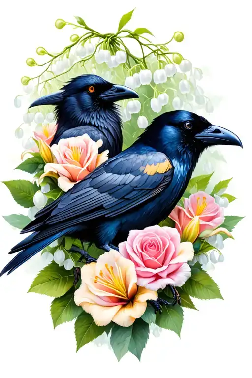 Two Ravens With Lily Of The Valley And Roses