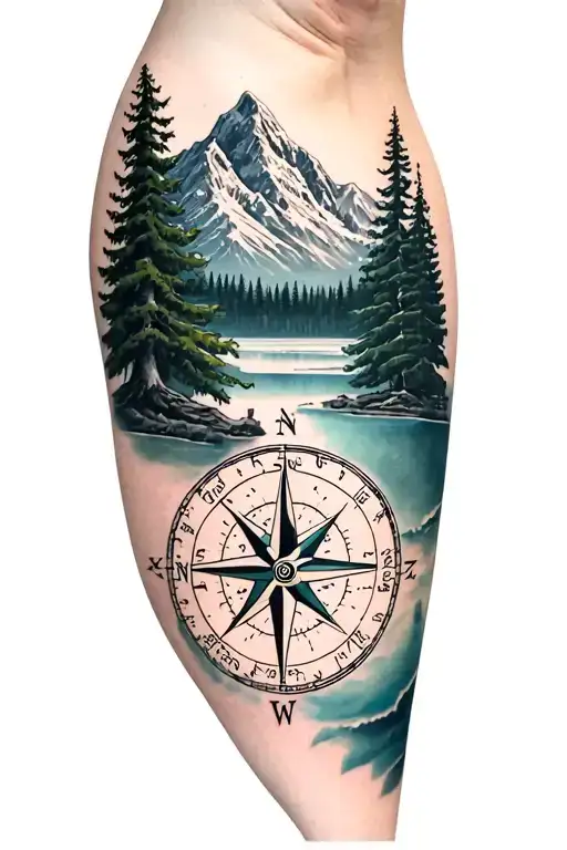 Mountains With Forest Trees Compass Seasons