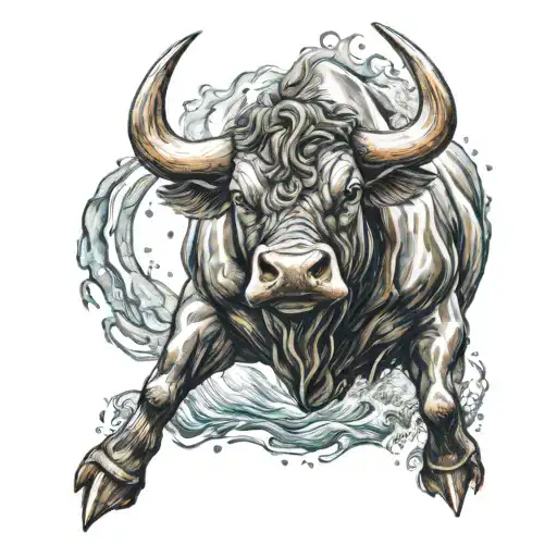 A Bull With Hooves On A Background Of Fire And Water