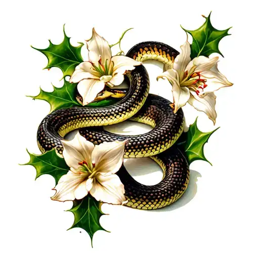 Snake Wrapped Around Holly And Narcisissus Flowers