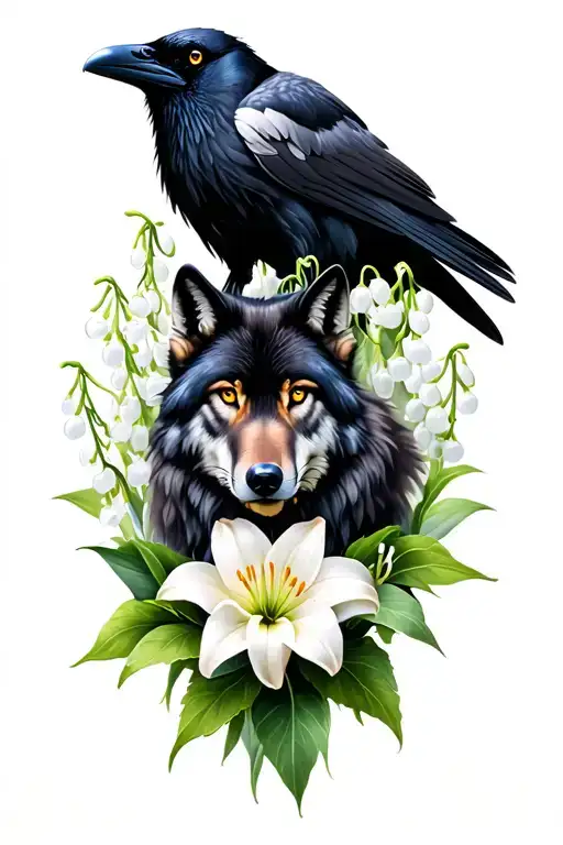 Raven And A Wolf Surrounded By Lily Of The Valley Flower