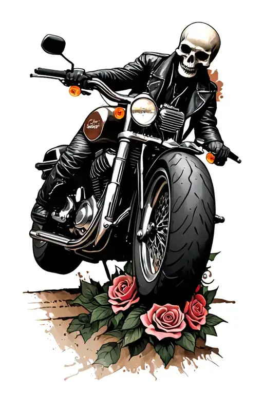 Skulls With Roses Person Riding A Motorcycle Wheel