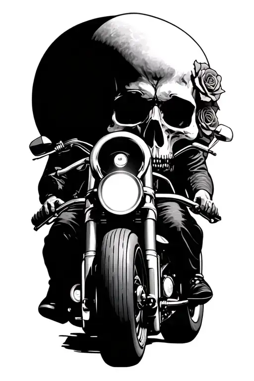 Skulls With Roses On Person Head And He Is Riding A Motorcycle Wheel