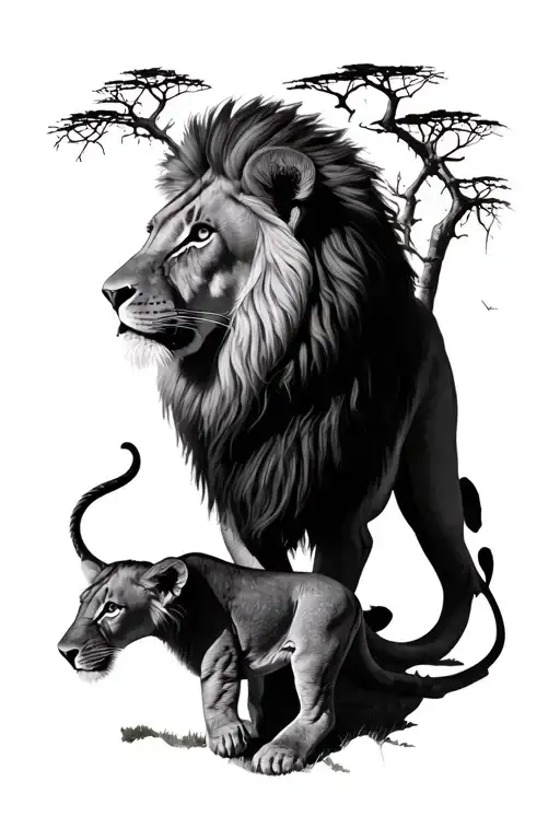 Lion With Cub Playing Anc Baobab Behind