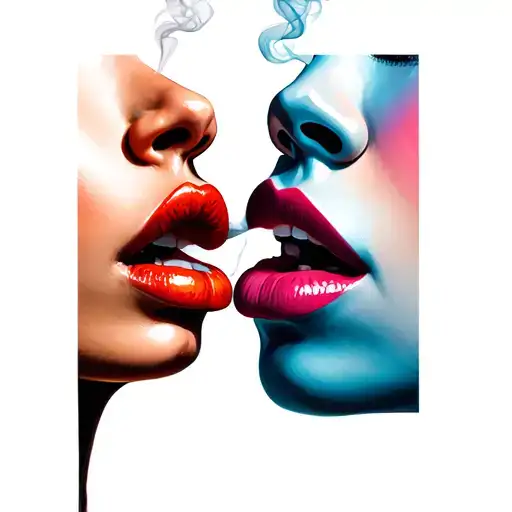 Two Female Lips Exchanging Smoke Between The Mouths