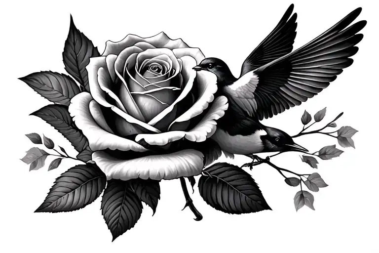 Rose In Middle With Two Swallow Birds On Each Side