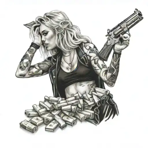 Hot Girl With Background Of Guns Money Drugs Roses