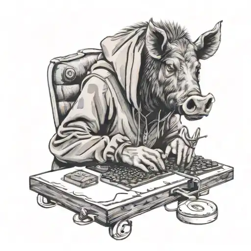 A Boar Warthog In A Hoodie Sitting At A Typewriter From Which A Lighthouse Climbs Out