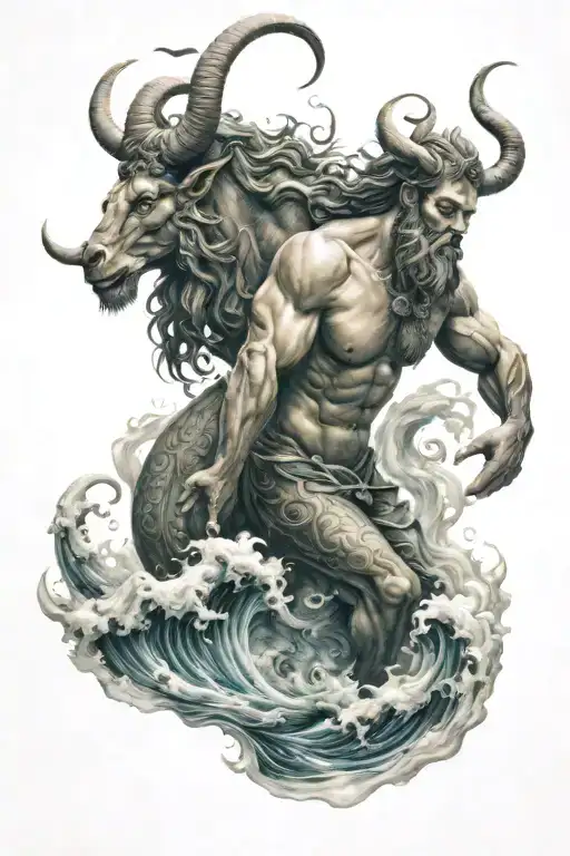 Poseidon And Capricorn With Wave Crashing