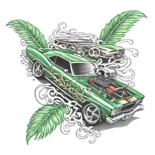 A Muscle Car With Reggae Music Notes And A Classic Car In The Background