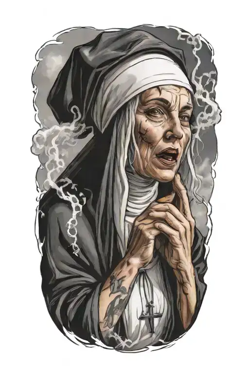 The Face Of A Sexy Nun With Cigarette In Thunderstorm