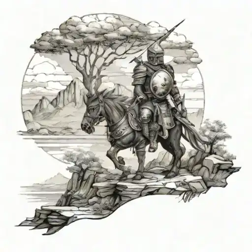 A Mountain Landscape With A Small Mythical Armored Warrior That Stands And Views The Landscape