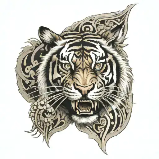Biomechanical Polynesian Tiger Tattoo Calf Colored
