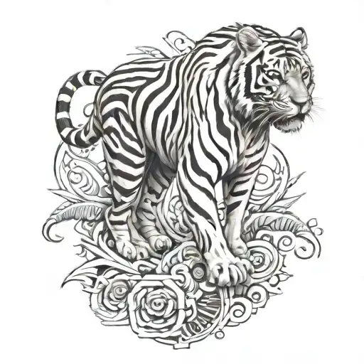 Biomechanical Polynesian Tiger Tattoo On Calf Muscle Colored