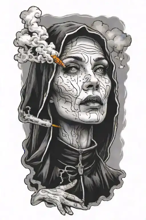 The Face Of A Sexy Nun With Cigarette In Thunderstorm