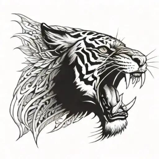 Biomechanical Polynesian Mythical Tiger Tattoo Feral Look Facing Front