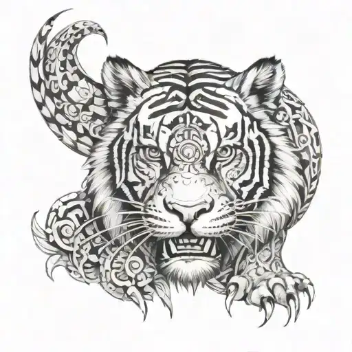 Biomechanical Polynesian Mythical Tiger Tattoo Feral Look Facing Front
