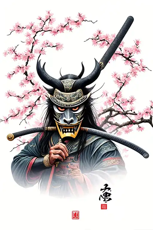 Samurai Holding Oni Mask And Katana And Sakura Blossom