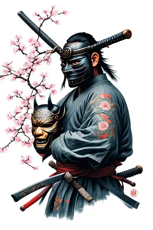 Samurai Holding Oni Mask And Katana And Sakura Blossom