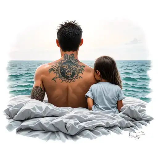 Father And His Son And His Daughter From Behind Face The Sea With A Bed