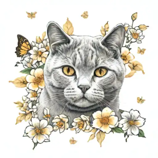 British Shorthair Cat Surrounded By Flowers Featuring Two Paw Prints