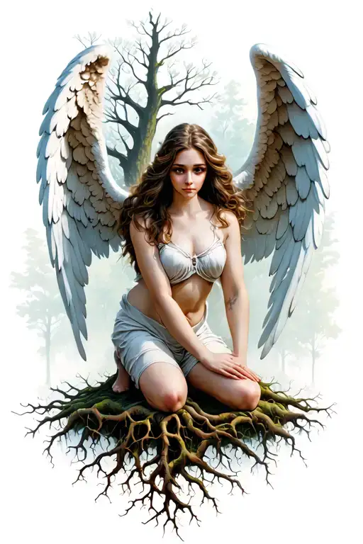 Kneeling Angel Woman In Front Of A Tree With Roots Surrounding The Wrist