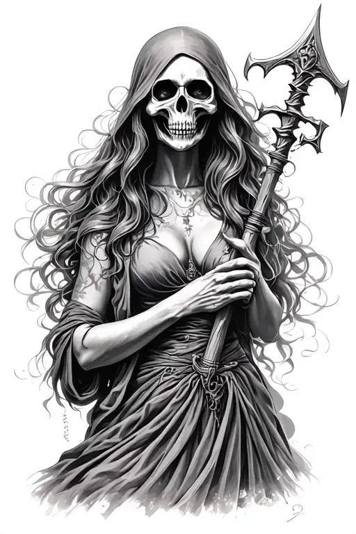 Grim Reaper Sexy Faceless Woman With Flowing Hair Holding Sythe