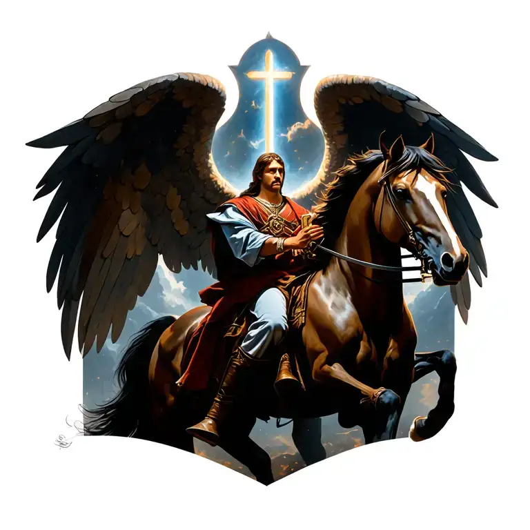 Archangel Michael With A Sword On A Horse On The Background Prayer Of Our Father