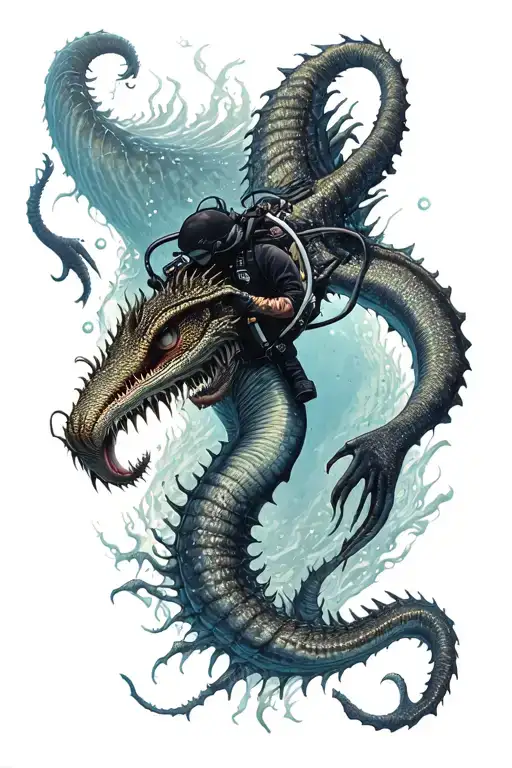A Realistic Depiction Of A Scuba Diver Encountering A Mythical Sea Monster In The Deep Ocean Depths