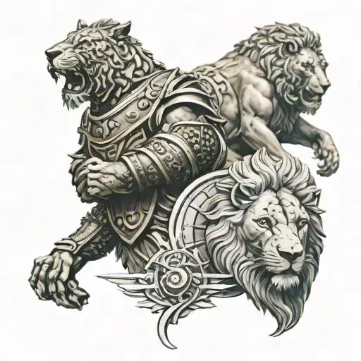 Roman Tatoos With Lions And Gladiators With Ancient Shapes On The Outside