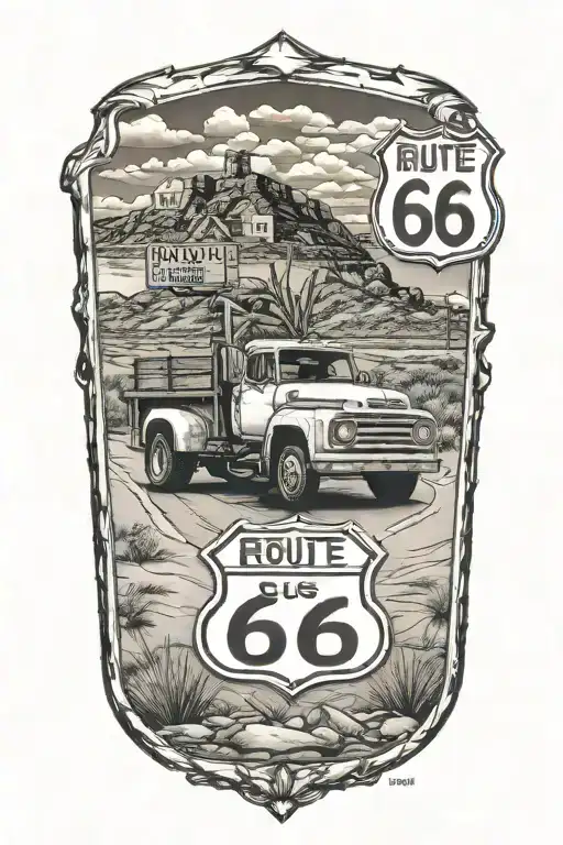 Route 66 Sign Road Leading Truck Parked Outside