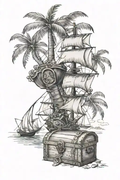 Palm Tree And Treasure Chest And Pirate Ship