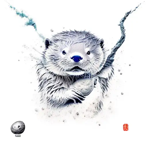 Otter Full Body Carrying A Rock Chinese Water Colour