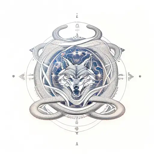 Astronomical Symbols Intertwined With Snake And Wolf Silhouettes