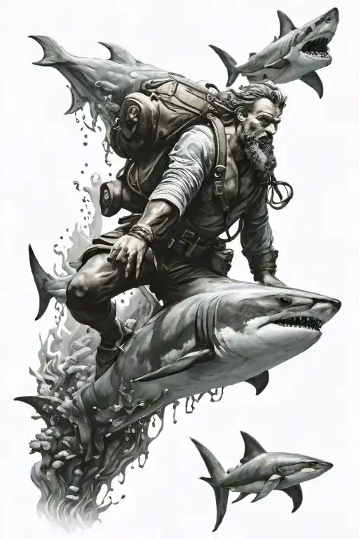 Underwater Poseidon Statue And Shark Swimming And Diver With Flashlight