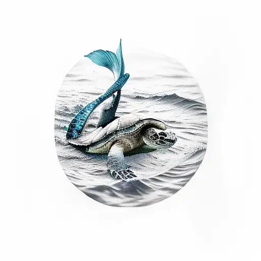 A Realistic Mermaid Swimming With A Sea Turtle In A Magical Underwater Kingdom