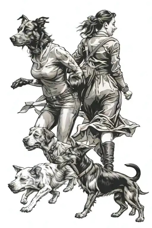 2 Dogs Following A Woman In Tights