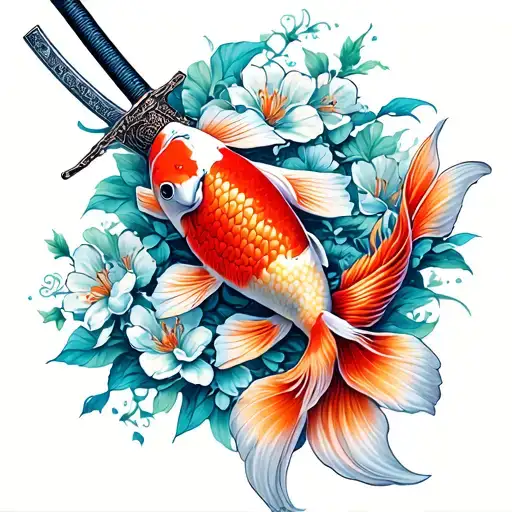 Katana With Koi Fish And Flowers