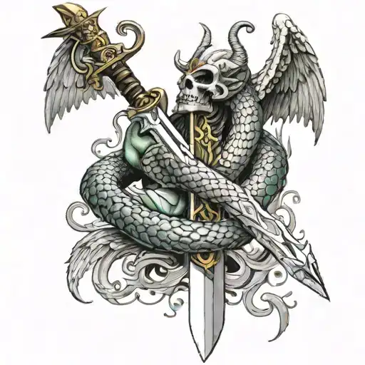 Sword With One Angel Wing And One Demon Wing With A Snake Wrapped Around The Blade