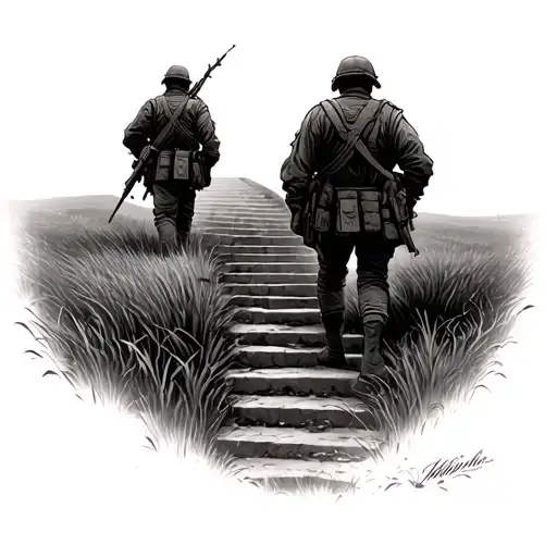 A Soldier In A Field Heading Towards A Staircase Leading To Heaven