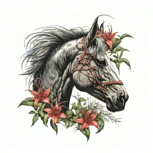 A Horse Head Laying In A Bush Of Red Spider Lilies