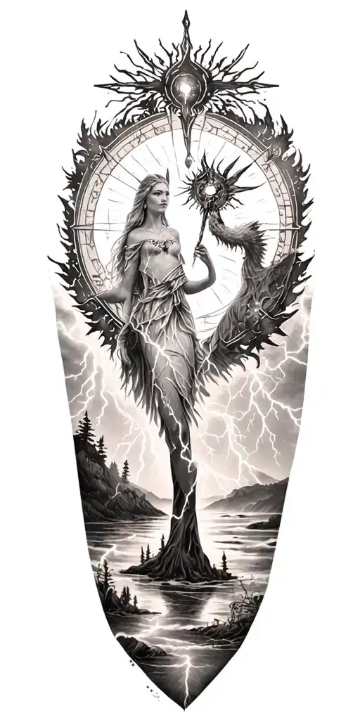 Freya Goddes And Lightining Storm And Vegvisir And Nature