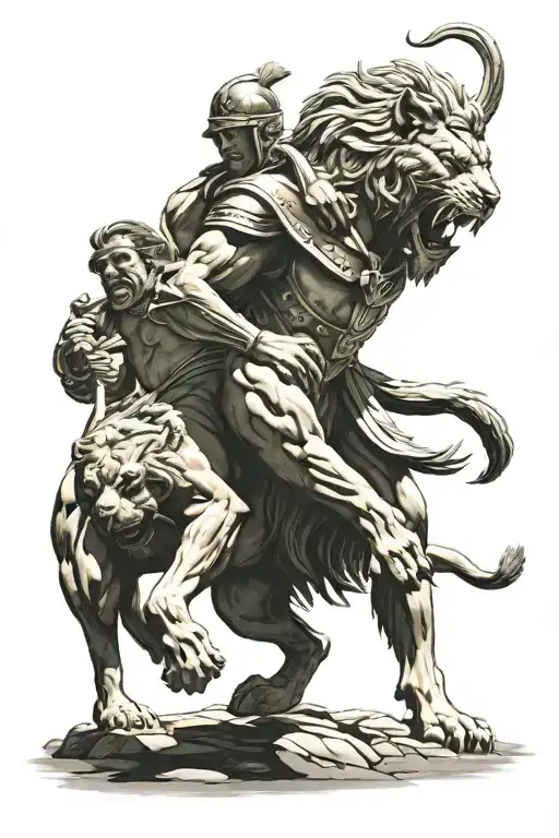 Spartan Warrior Fighting A Lion
